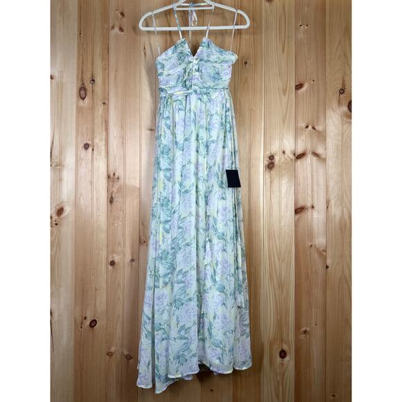 NWT Lulus Effortlessly Abloom Green Multi Floral Ruched Halter Maxi Dress Sz M - Picture 2 of 8